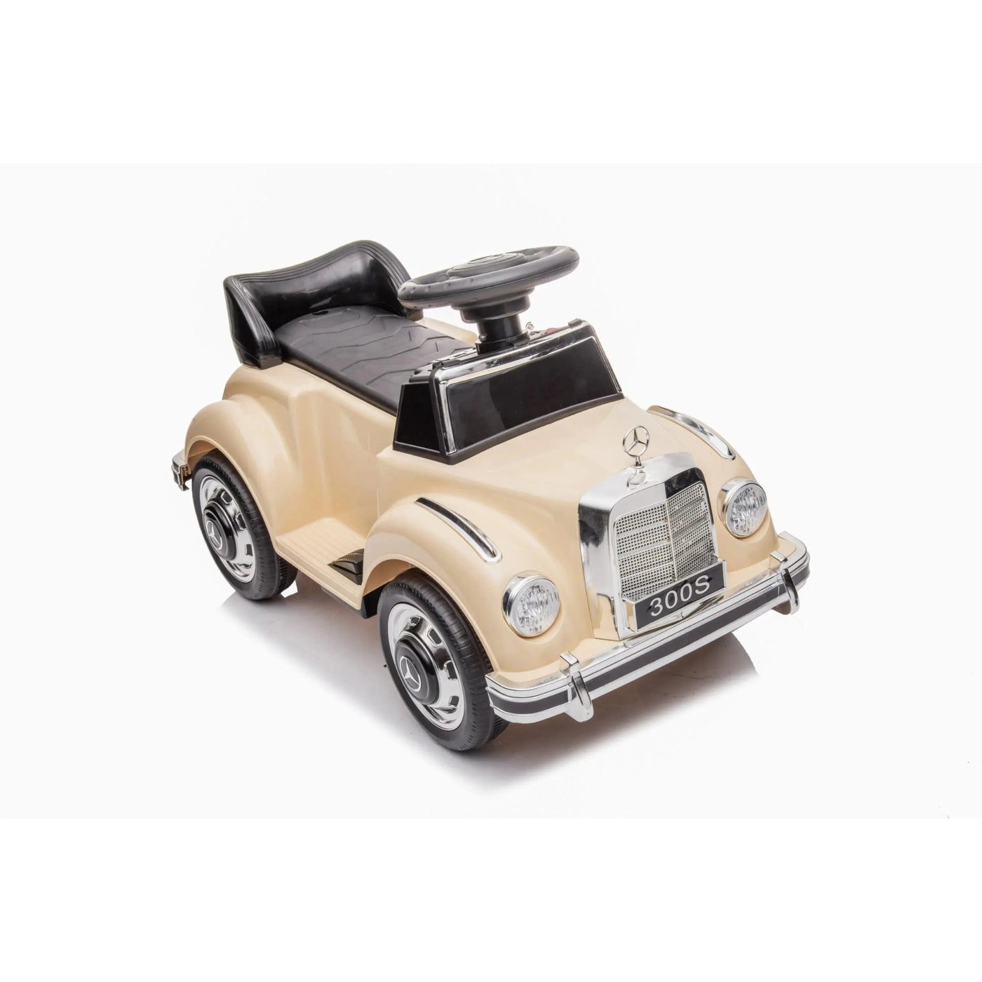 Beige 6V Mercedes Benz 300S 1-Seater Mini Ride-On Car for Kids – Classic Design, Battery-Powered, with LED Lights and Realistic Engine Sounds.