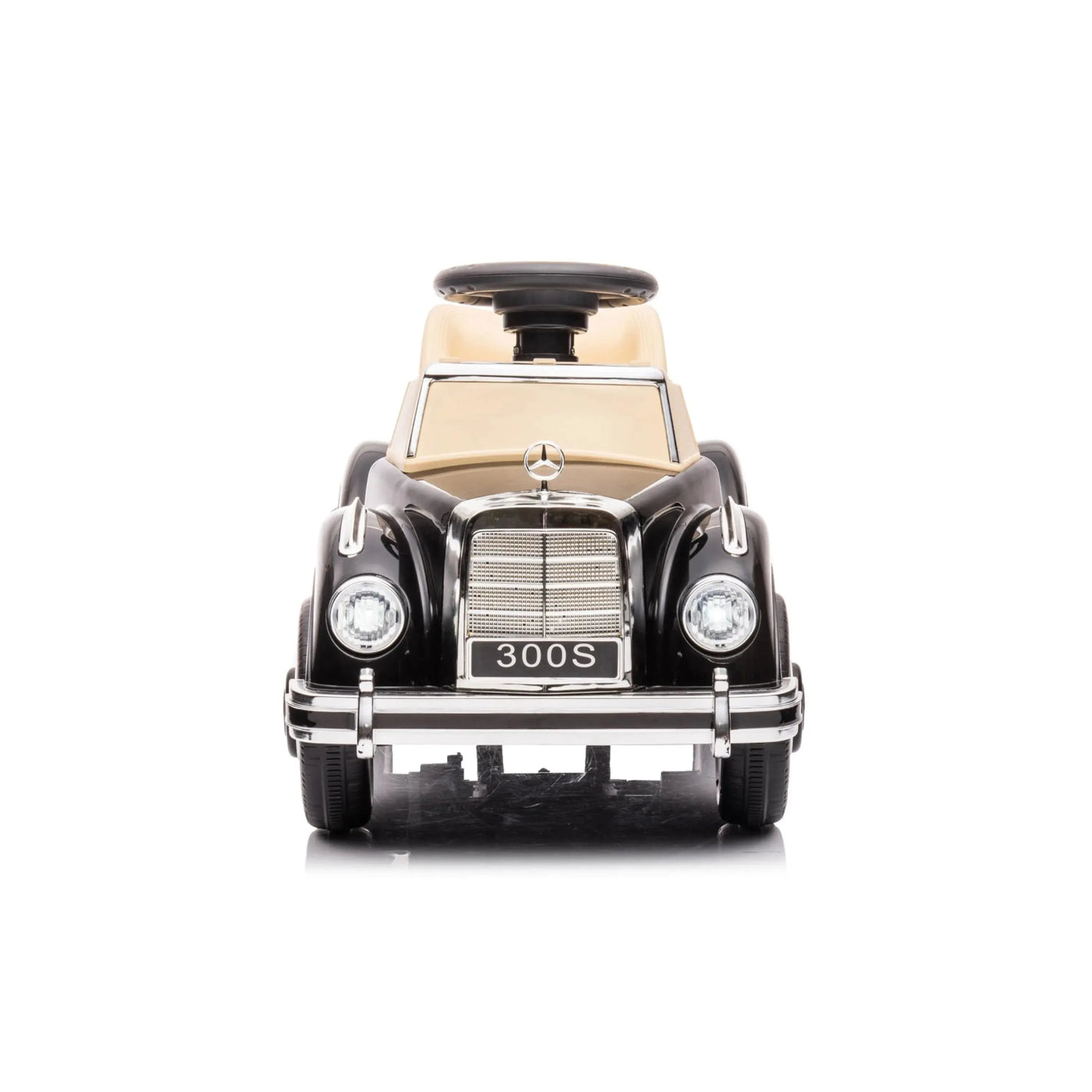 Black 6V Mercedes Benz 300S 1-Seater Mini Ride-On Car for Kids – Classic Design, Battery-Powered, with LED Lights and Realistic Engine Sounds.