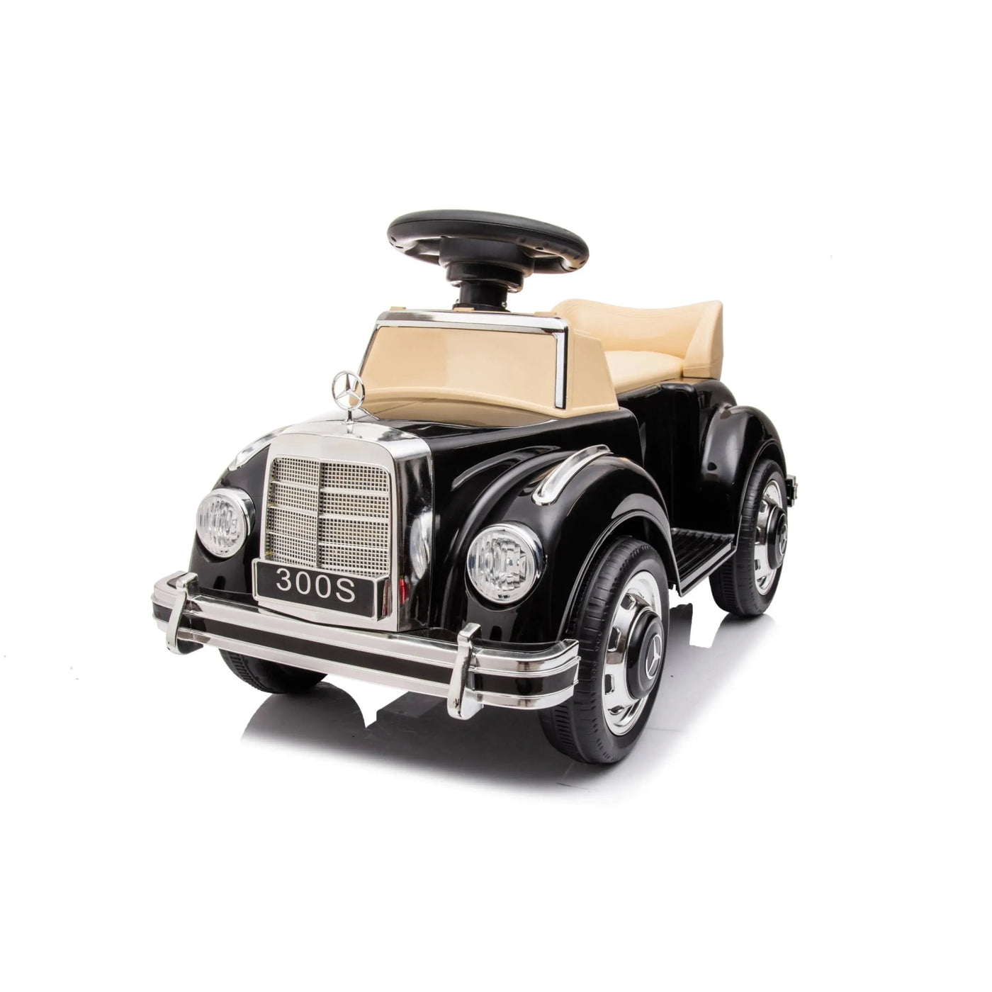 Black 6V Mercedes Benz 300S 1-Seater Mini Ride-On Car for Kids – Classic Design, Battery-Powered, with LED Lights and Realistic Engine Sounds.