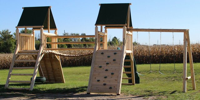 Cedar Peak Log Playground Double Tower With Log Bridge, Swings, Slide & Tire Swing Equipment