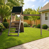 Hidden Lake Cedar Peak Log Playground Tower With Monkey Bars & Tire Swing styled in a sunny backyard, log