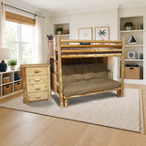 Hidden Lake Frontier Cedar Log Futon Bunk styled in a bright kids' bedroom, twin over full