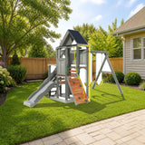 Jack & June Haven Swing Set styled in a sunny backyard, shown finish