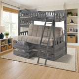 Night & Day Cinnamon Twin Futon Bunk Bed styled in a kids' bedroom, twin over full
