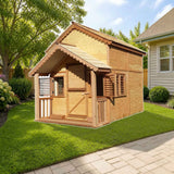Playhouse Factory Little Alexandra Cottage with loft and covered front porch styled in a sunny backyard, loft