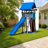 Playmor Extreme Space Saver Swing Set styled in a sunny backyard, slide