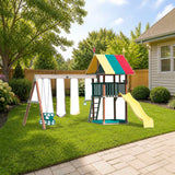 Playmor Family Favorite Swing Set styled in a sunny backyard, slide