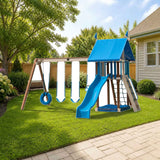 Playmor Family Joy Swing Set styled in a sunny backyard, slide