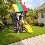 Playmor Family Space Saver Swing Set styled in a sunny backyard, slide