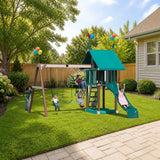 Playmor Lovely Retreat Swing Set styled in a sunny backyard, slide