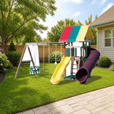 Playmor Royal Fort Swing Set styled in a sunny backyard, slide