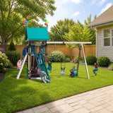 Playmor Smiling Fort Swing Set styled in a sunny backyard, slide