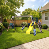 Playmor Summer’s Cove Swing Set styled in a sunny backyard, slide