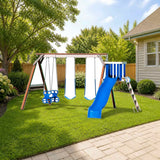 Playmor Summer’s Eve Swing Set styled in a sunny backyard, slide