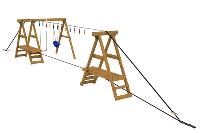 Wooden playground set with swings and slide