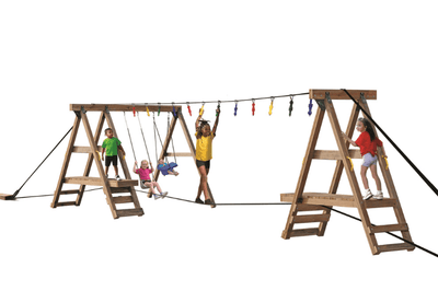 Children playing on a wooden swing set with ladders and colorful flags