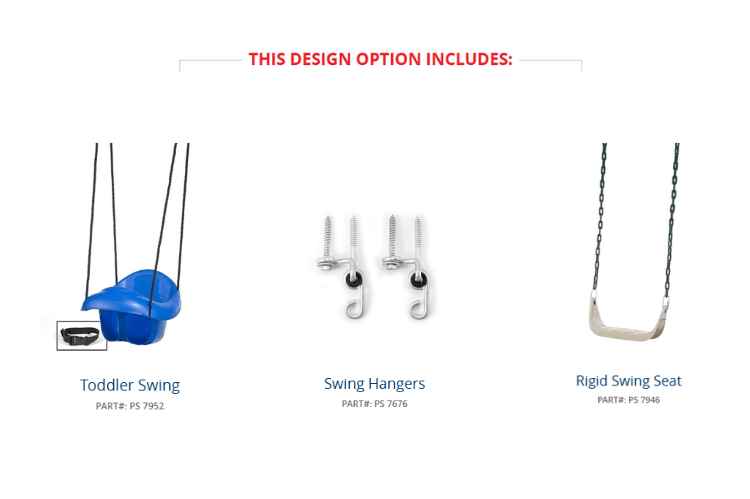 Swing set components including a toddler swing, swing hangers, and a rigid swing seat