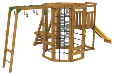 Wooden ninja power tower bronze playground structure with slides, ladders, and climbing elements
