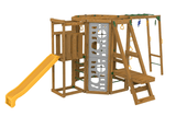 Wooden ninja power tower bronze playground structure with slides, ladders, and climbing elements