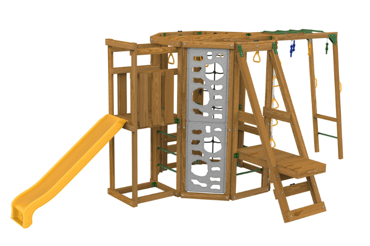 Wooden ninja power tower bronze playground structure with slides, ladders, and climbing elements