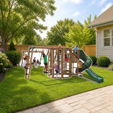 Playstar Ninja Power Tower Gold Playset styled in a sunny backyard, shown finish
