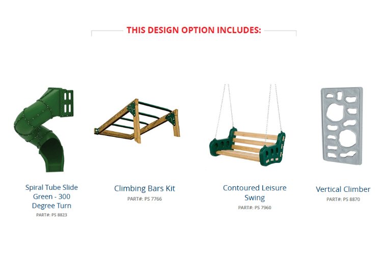 Set of playground equipment components including a spiral tube slide, climbing bars kit, contoured leisure swing, and vertical climber.