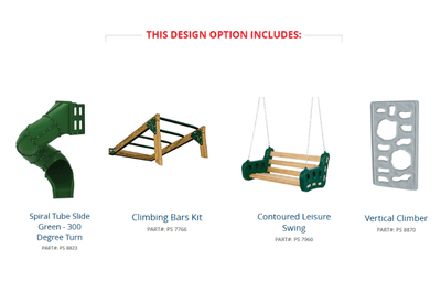 Set of playground equipment components including a spiral tube slide, climbing bars kit, contoured leisure swing, and vertical climber.