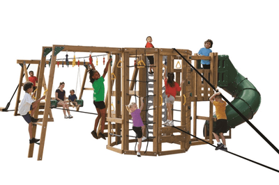 PlayStar Ninja Power tower Gold Playset with climbing wall, monkey bars, and slide for kids outdoor playground