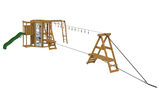 Wooden playground structure with slide, climbing wall, and rope ladder on a white background