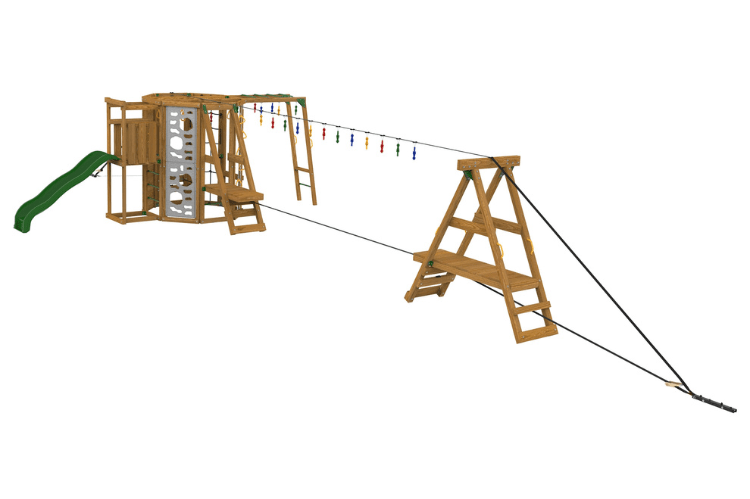 Wooden playground structure with slide, climbing wall, and rope ladder on a white background