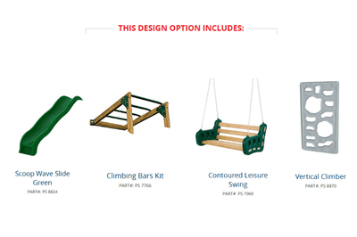 Set of playground equipment components including a scoop wave slide, climbing bars kit, contoured leisure swing, and vertical climber on a white background.