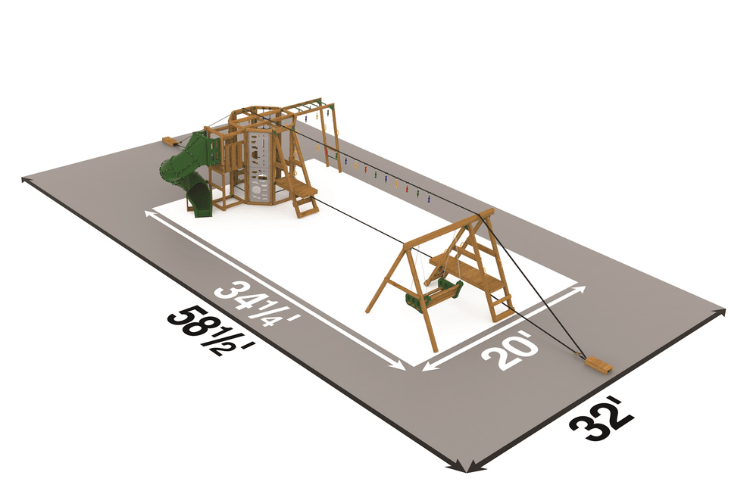 Diagram of PlayStar Ninja Power tower Gold Playset with climbing wall, monkey bars, and slide for kids outdoor playground