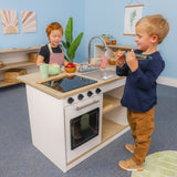 Whitney Brothers elevatED Kitchen Island Breakfast Bar Preschool Play Kitchen - dramatic-play storage compartment view