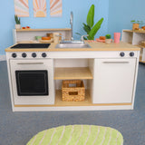 Whitney Brothers elevatED Kitchen Island Breakfast Bar Preschool Play Kitchen - classroom pretend-cooking play view