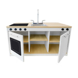 Whitney Brothers elevatED Kitchen Island Breakfast Bar Preschool Play Kitchen - open shelf storage detail