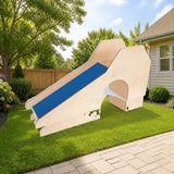Whitney Brothers® Toddler Slide With Stairs and Tunnel styled in a sunny backyard, stairs