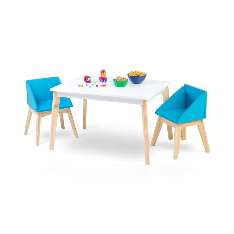 Daycare Modern Table & Chair Set - White Table Natural Legs w/ Blue Chairs