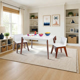 Wildkin Modern Kindergarten Table & Chair Set - White Table Espresso Legs w/ White Chairs styled in a bright kids' bedroom, White finish
