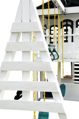 2MamaBees Reign Two-Story Playhouse Backyard Playhouse 2mamabees playhouse Two story wooden playhouse with swings