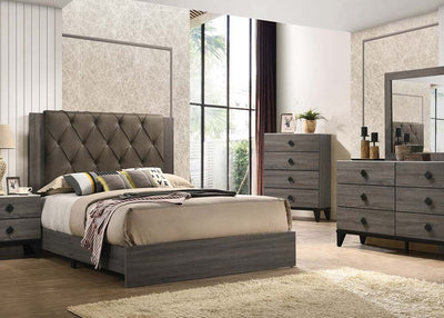 ACME Avantika Eastern King Bed #color_Fabric & Rustic Gray Oak