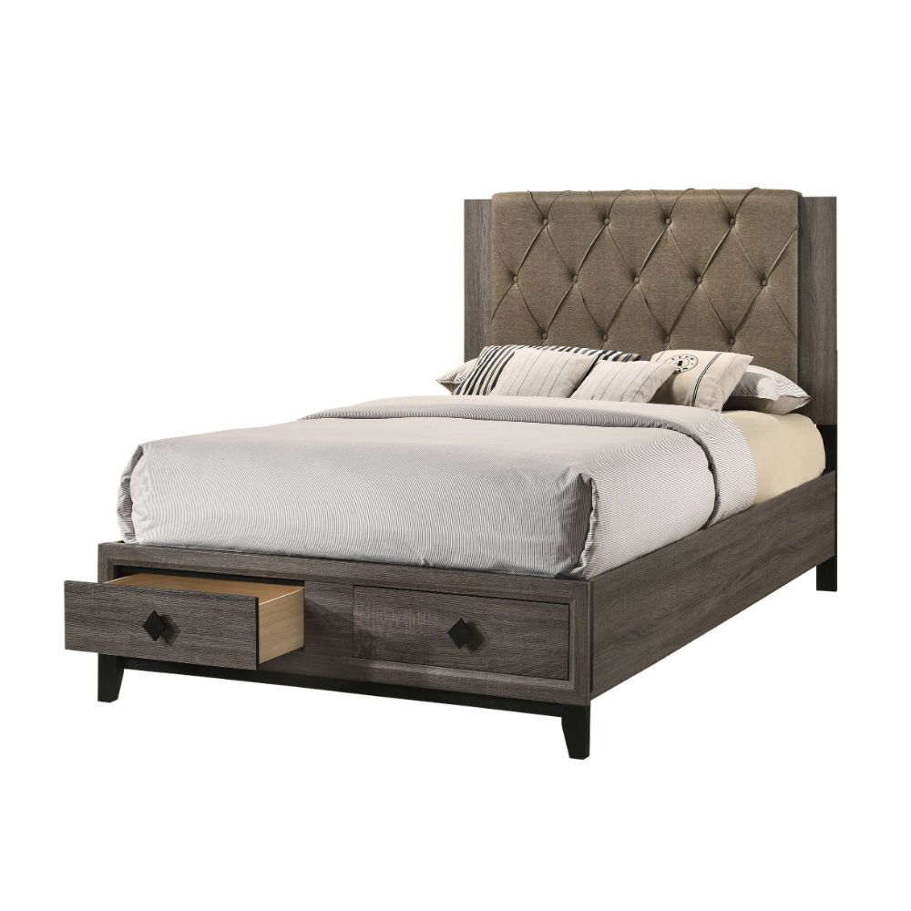 ACME Avantika Queen Bed #color_ Fabric & Rustic Gray Oak