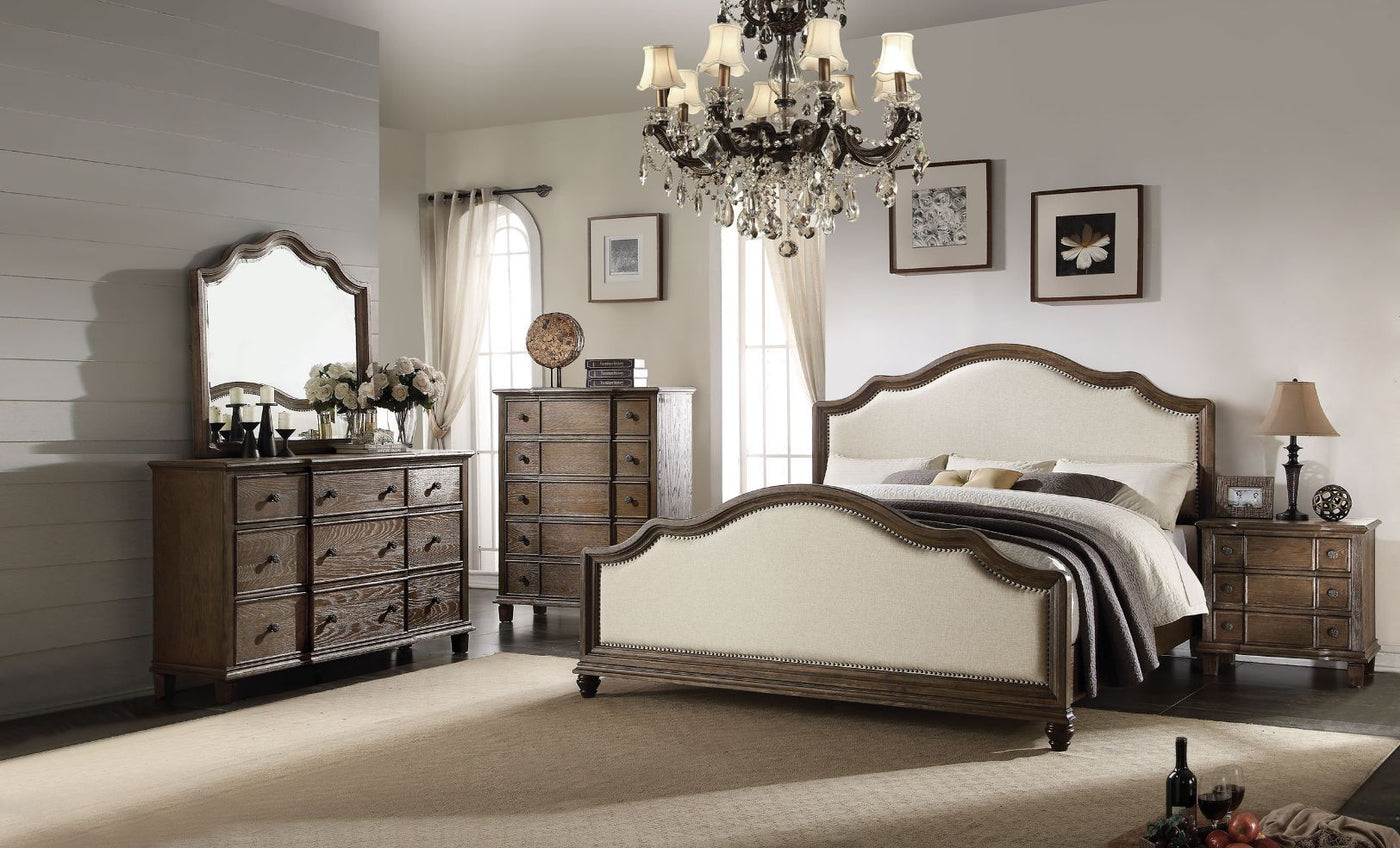 ACME Baudouin Queen Bed #color_Beige Linen & Weathered Oak