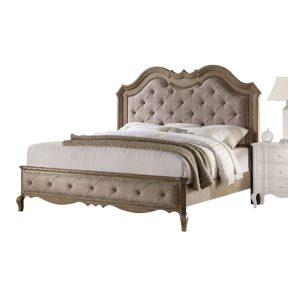 ACME Chelmsford Eastern King Bed #color_Beige Fabric & Antique Taupe