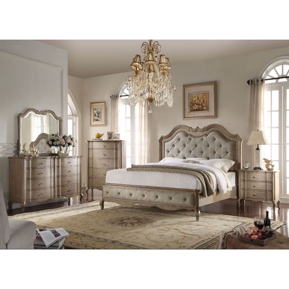 ACME Chelmsford Eastern King Bed #color_Beige Fabric & Antique Taupe