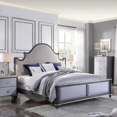 ACME House Beatrice Queen Bed #color_Two Tone Beige Fabric, Charcoal & Light Gray