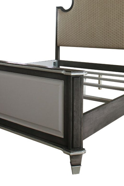 ACME House Beatrice Queen Bed #color_Two Tone Beige Fabric, Charcoal & Light Gray