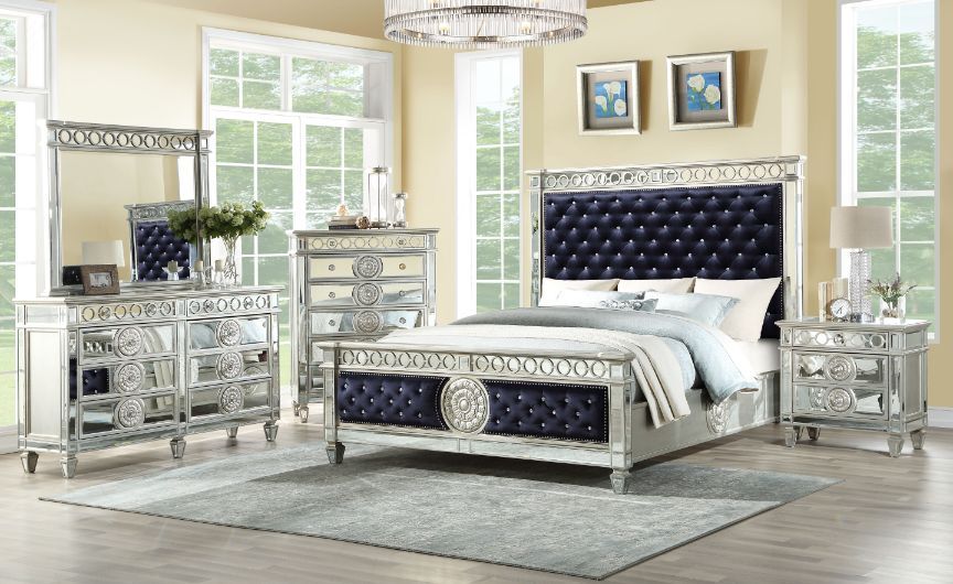 ACME Varian Eastern King Bed #color_Black Velvet & Mirrored