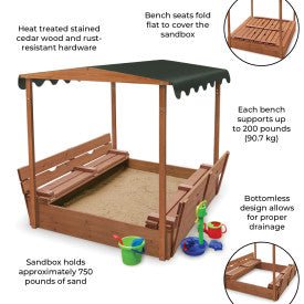 Covered Convertible Cedar Sandbox with Canopy and Two Bench Seats