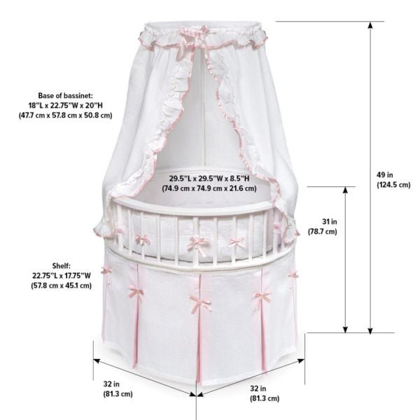 Badger Basket Co. White Elegance Round Baby Bassinet With White Waffle and  Pink Bedding