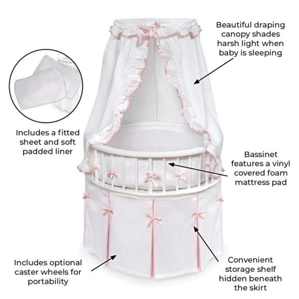 Badger Basket Co. White Elegance Round Baby Bassinet With White Waffle and  Pink Bedding